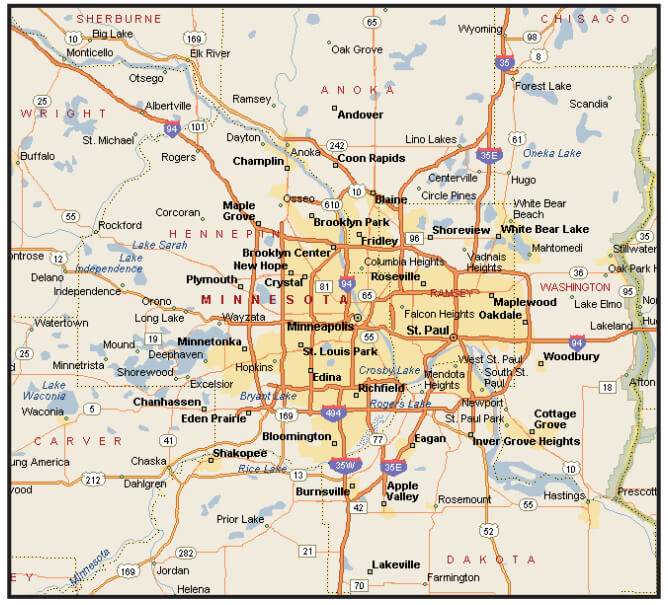 A map of the Minnesota metro area showing areas and cities we serve